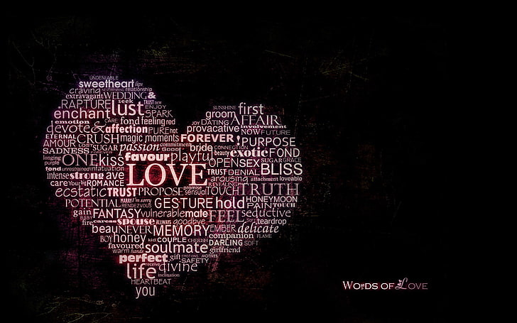love, heart, typography, word clouds, communication, text, western script, HD wallpaper
