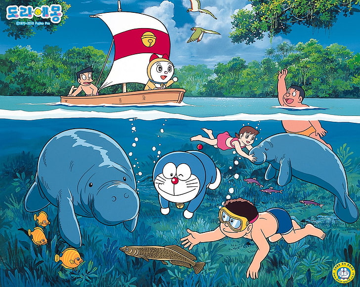Doraemon digital wallpaper, Anime, sea, illustration, child, nature