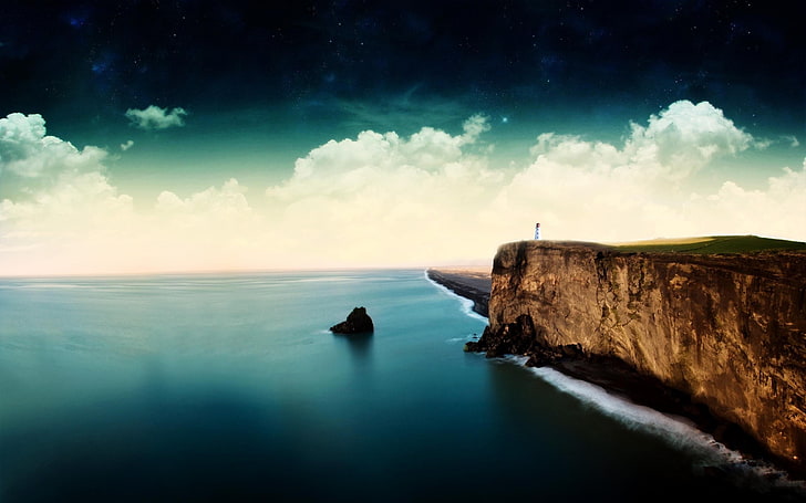 brown cliff, lighthouse, sea, clouds, stars, cloud - sky, water