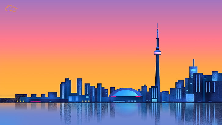 high-rise building illustration, city, sunset, minimalism, reflection