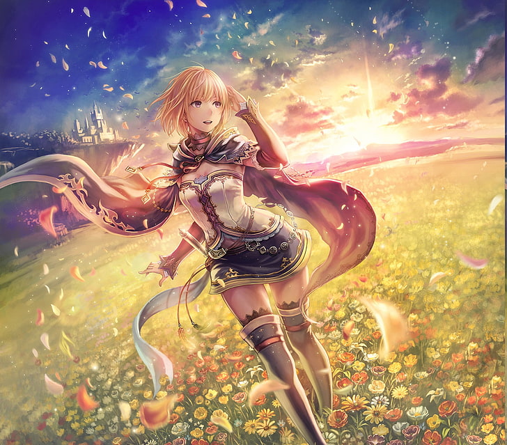 Anime Girls, castle, flowers, leaves, Original Characters, sexy anime