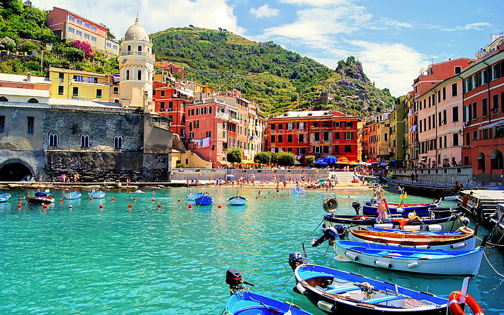 Vernazza, Italy, city, sea, beach, boats, houses, people