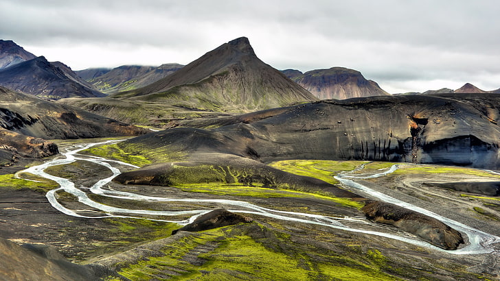 gray river near gray mountain, nature, landscape, mountains, Iceland, HD wallpaper