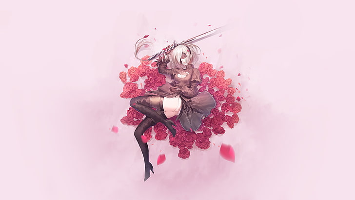 Nier: Automata, 2B (Nier: Automata), girls with swords, simple background, HD wallpaper