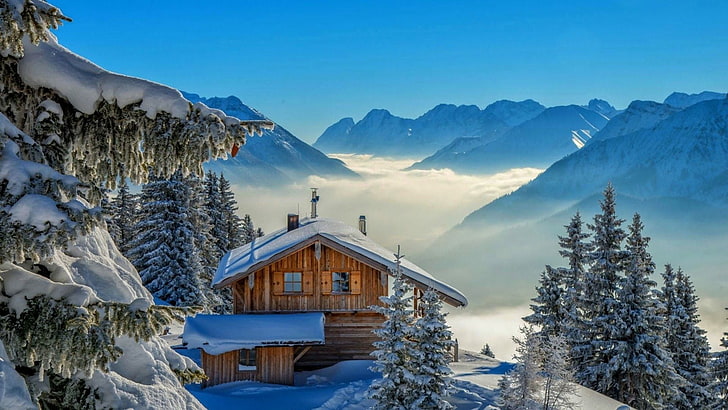winter, mountain range, house, sky, snow, cabin, tree, massif