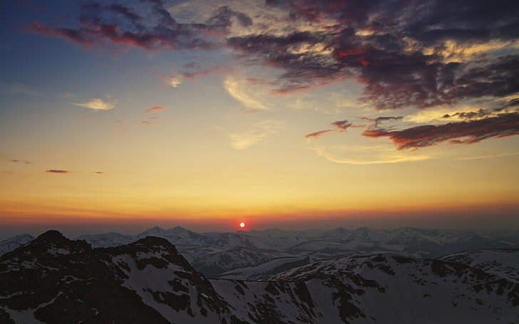 snow covered mountain, landscape, mountains, sky, nature, sunset
