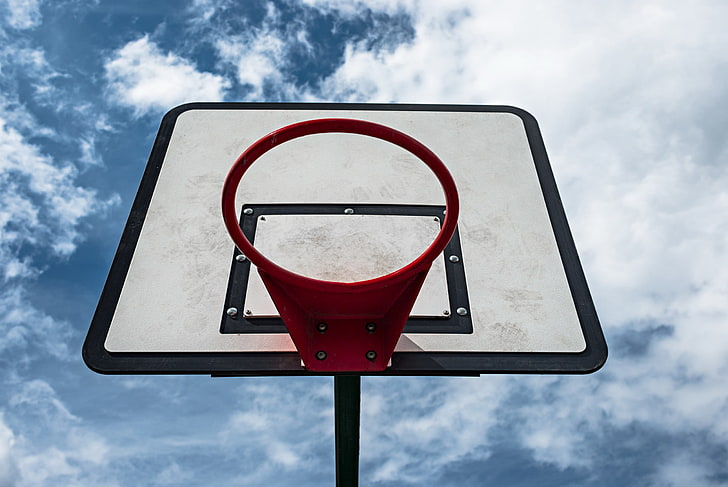 white and black basketball hoop, sports, sky, simple, red, clouds