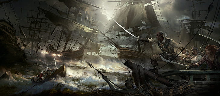 artwork, fantasy art, ocean battle, HD wallpaper