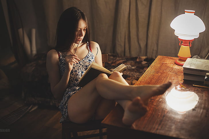 Anton Zhilin, Vika, books, feet, legs, brunette, barefoot, lamp, HD wallpaper