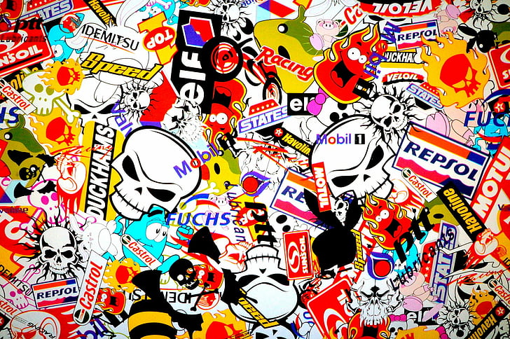 Man Made, Sticker Bomb, multi colored, full frame, creativity
