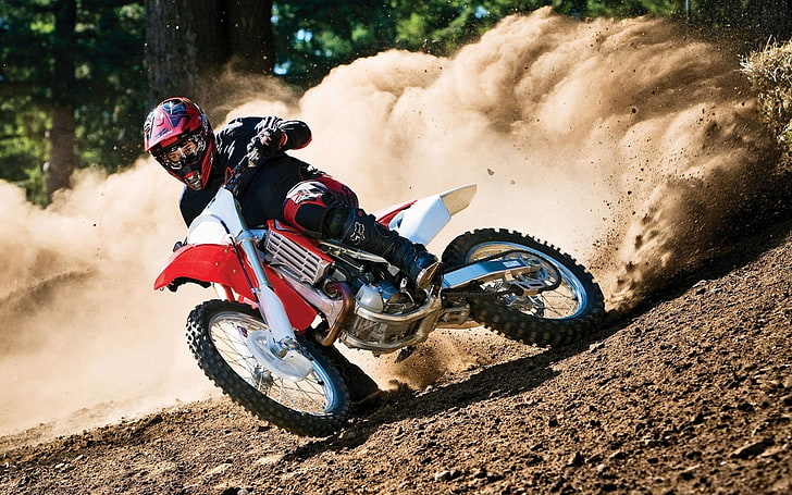 red and white motocross dirt bike, speed, drift, dust, race, motorcycle, HD wallpaper