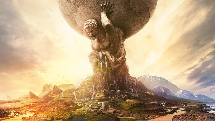 giant man carry earth statue, Sid Meier's Civilization VI, fantasy art, HD wallpaper