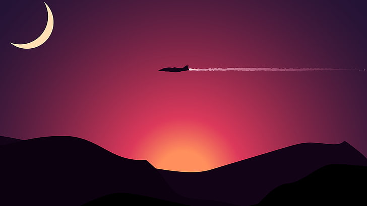sunset, contrails, airplane, sky, silhouette, flying, air vehicle, HD wallpaper