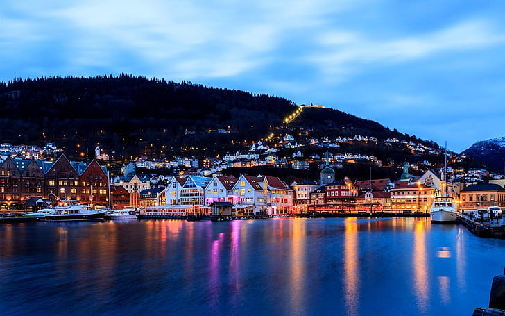 Bergen, Norway, city, evening, houses, lights, sea, dock, boat, HD wallpaper