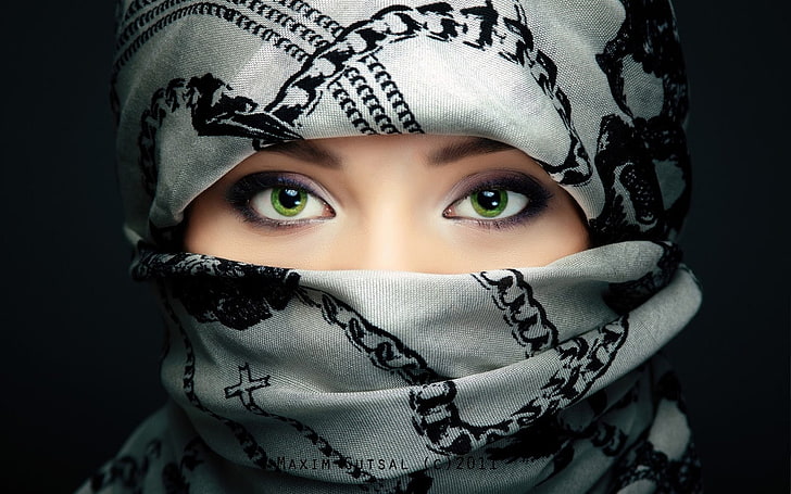 white and black hijab headdress, Women, Eye, Face, Girl, Green Eyes