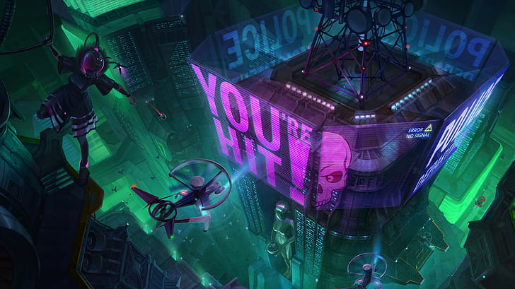 futuristic city, artwork, cyberpunk, hologram