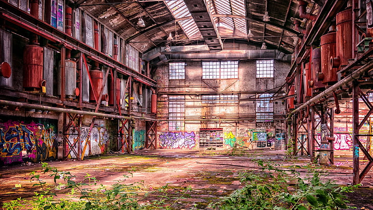 ruins, factory, industrial area, graffiti, old, abandoned, neglected, HD wallpaper