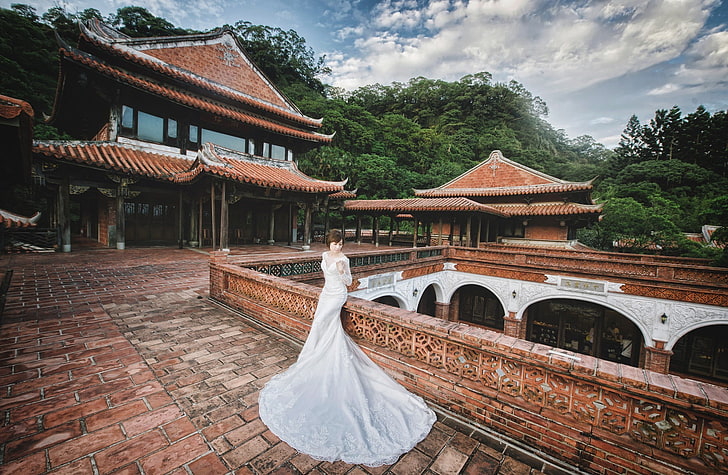women, Asian, model, brides, wedding dress, white dress, built structure, HD wallpaper