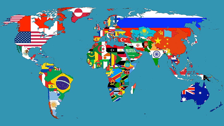 world map illustration, flag, multi colored, no people, communication