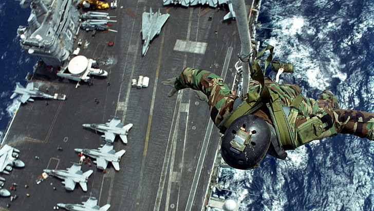 soldier free falling wallpaper, military, military aircraft, aircraft carrier