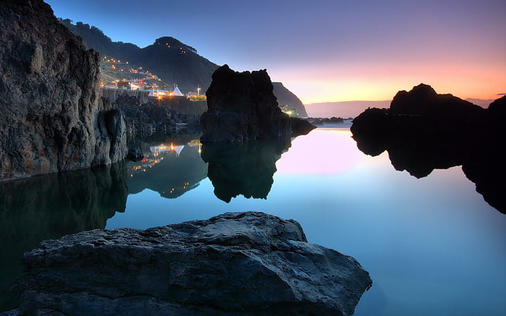 Porto Moniz, black rock isles, water, beach, nature and landscapes, HD wallpaper