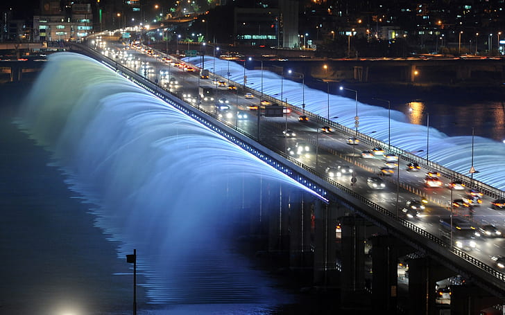 banpo, bridge, fountain, korea, lights, night, rainbow, seoul