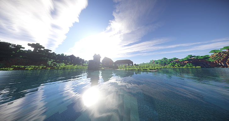 body of water, Minecraft, shaders, sky, architecture, nature