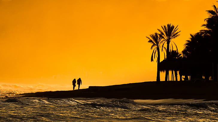 photo of couple walking near seashore during golden hour, Walking on, HD wallpaper