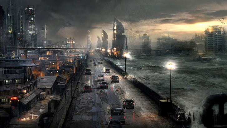 cityscape painting, futuristic, apocalyptic, artwork, futuristic city