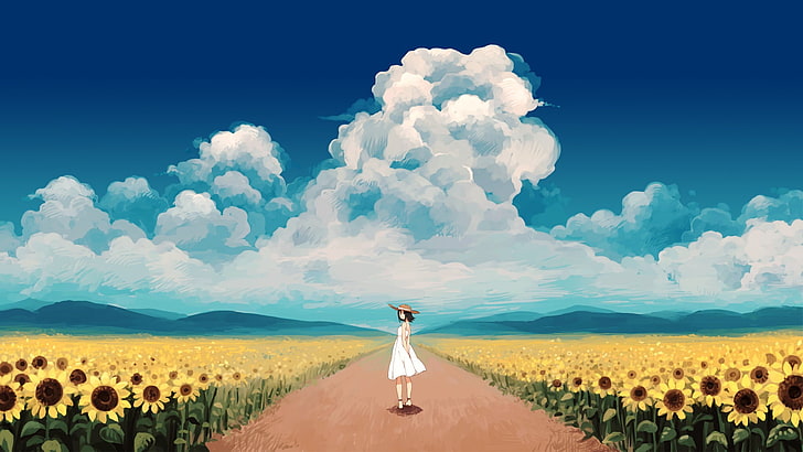 Osu, dress, anime girls, looking back, sunflowers, clouds