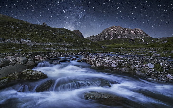 nature, landscape, long exposure, river, mountains, starry night, HD wallpaper