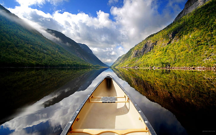 river, reflection, boat, water, landscape, clouds