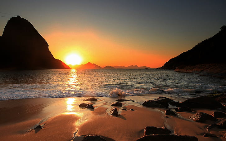 Brazil, Rio de Janeiro beach, seashore and sunrise view, the sun