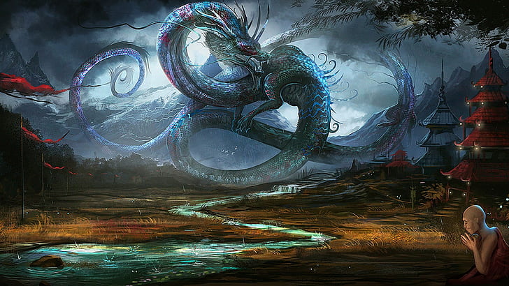 blue dragon illustration digital wallpaper, fantasy art, art and craft, HD wallpaper