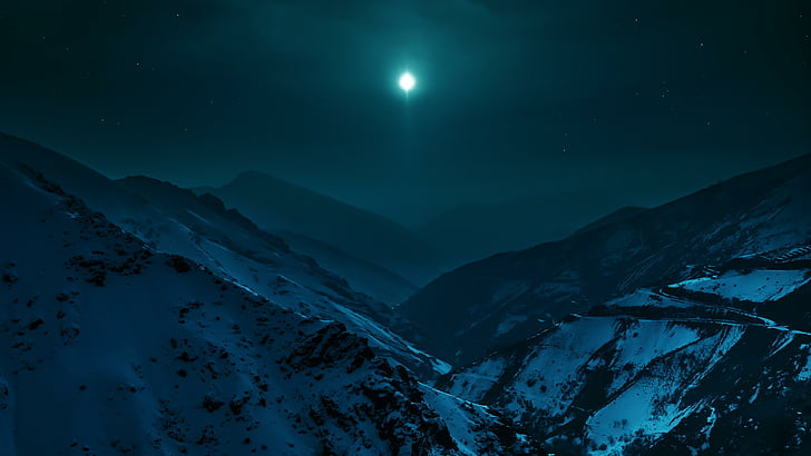 mountain, mountains, snow, night, moon, nature, HD wallpaper