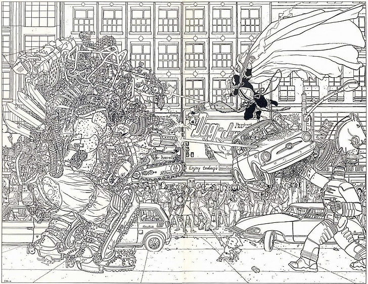 comic strip, Geoff Darrow, monochrome, anime, architecture, people