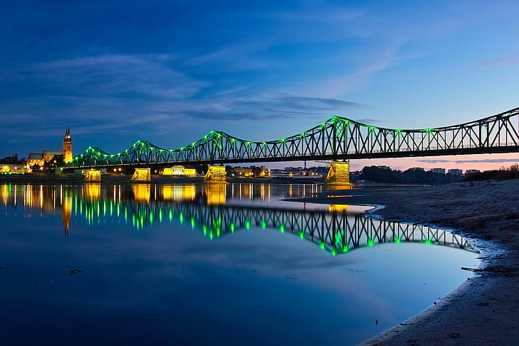 lighted bridge connecting city, Włocławek, Kujawy, kujawsko-pomorskie, HD wallpaper