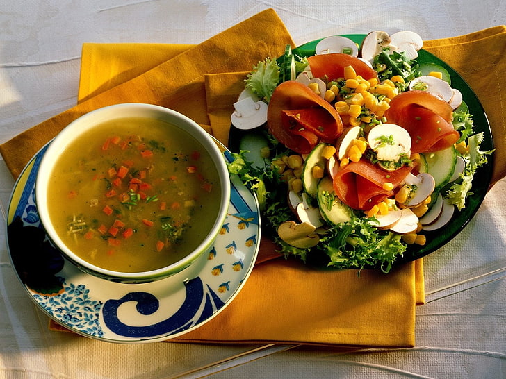 vegetable salad, soup, vegetables, plate, food, tomato, meal, HD wallpaper