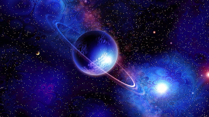 ringed planet, blue, universe, stars, blue planet, cosmos, space art, HD wallpaper