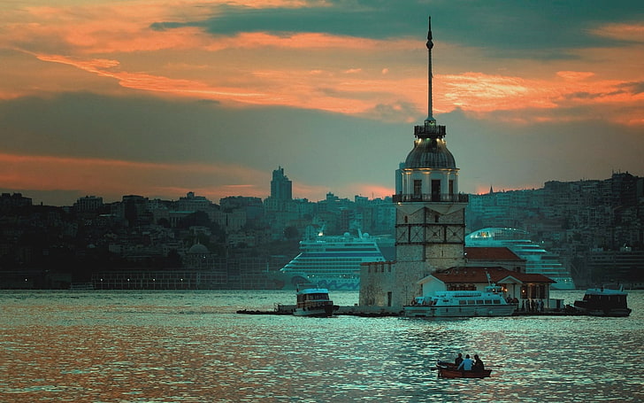 Maiden's Tower, Istanbul Turkey, bosphorus, pier, ships, sunset, HD wallpaper