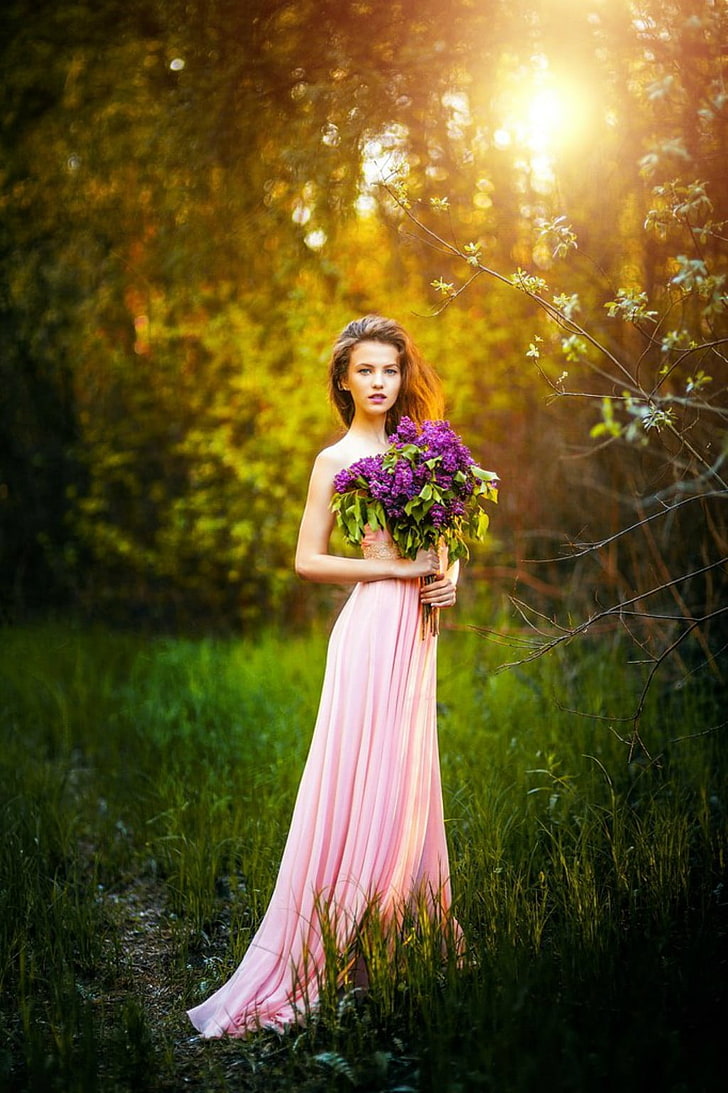 women, dress, grass, pink dress, lilac, women outdoors, model, HD wallpaper