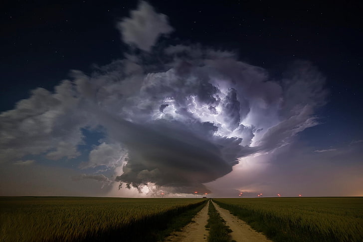 storm, clouds, road, nature, lightning, field, sky, cloud - sky, HD wallpaper