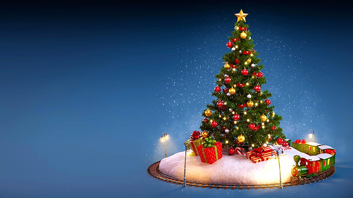 christmas tree, toy train, blue, xmas, HD wallpaper