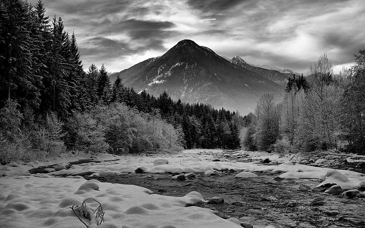 Mountains Landscape River Snow Winter BW Rocks Stones Forest Trees HD, grayscale photo of mountain