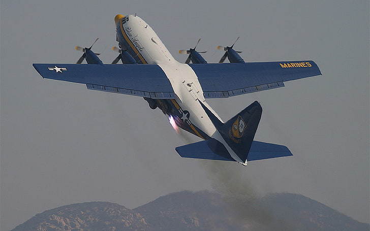 white and blue Marines aircraft, Lockheed C-130 Hercules, Blue Angels