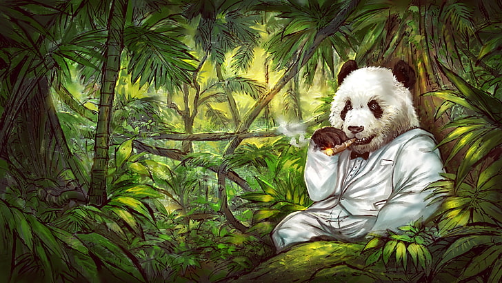 panda wearing suit jacket smoking tobacco digital wallpaper, jungle