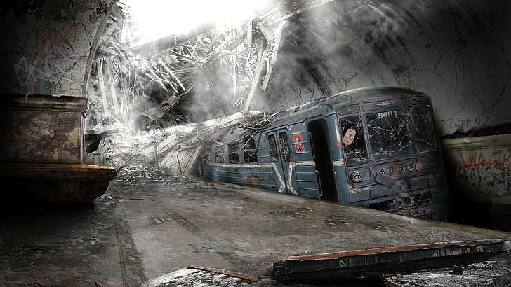 Apocalyptic, Destruction, Abandoned, Bus, crashed blue train, HD wallpaper