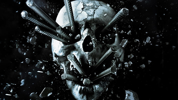 skull torned with metals wallpaper, digital art, dark, broken, HD wallpaper