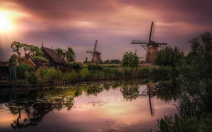 Windmills At Kinderdijk In The Province Of South Holland Netherlands Sunset Dusk Channel Reflection In Water Landscape Photography Hd Desktop Wallpaper 3840×2400, HD wallpaper