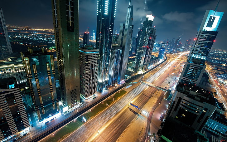 HD wallpaper: Night In Dubai-Cities Desktop Wallpaper, gray and black city  buildings | Wallpaper Flare